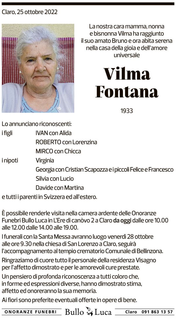 Annuncio funebre Vilma Fontana