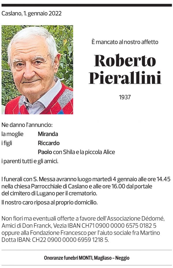 Annuncio funebre Roberto Pierallini