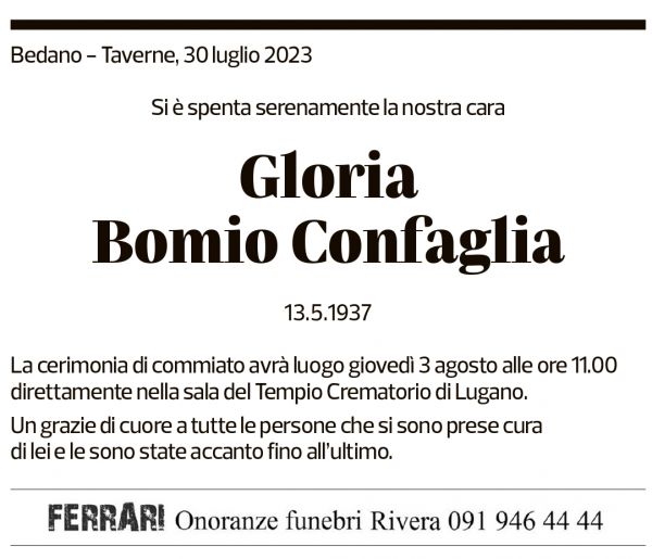 Annuncio funebre Gloria Bomio Confaglia