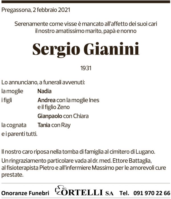 Annuncio funebre Sergio Gianini