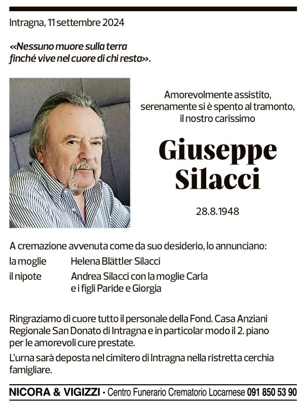 Annuncio funebre Giuseppe Silacci