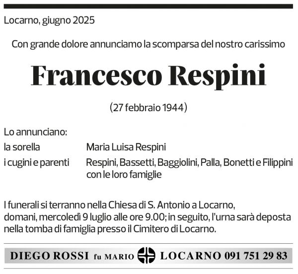 Annuncio funebre Francesco Respini