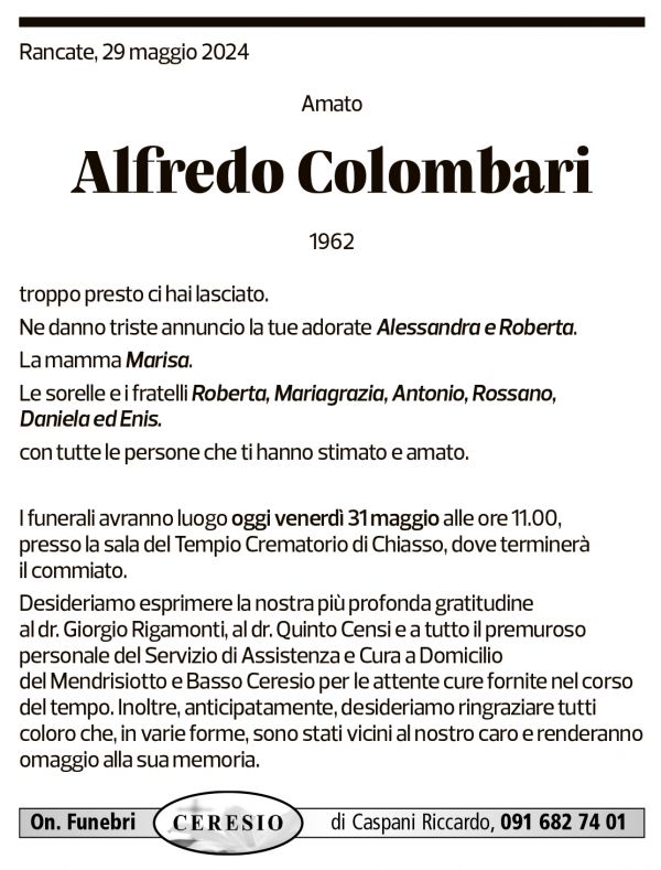 Annuncio funebre Alfredo Colombari