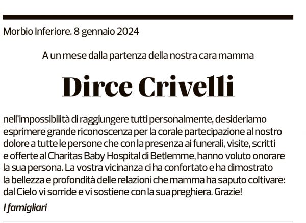 Annuncio funebre Dirce Crivelli