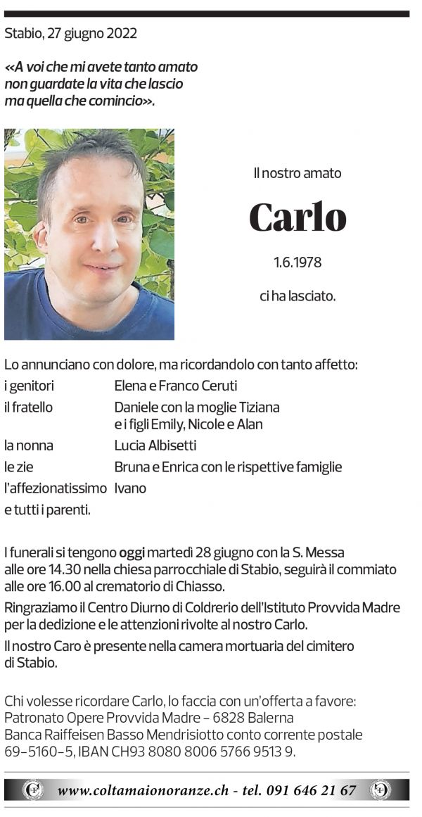 Annuncio funebre Carlo Ceruti