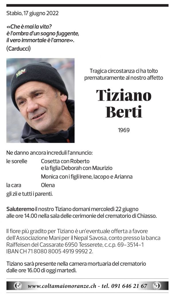 Annuncio funebre Tiziano Berti