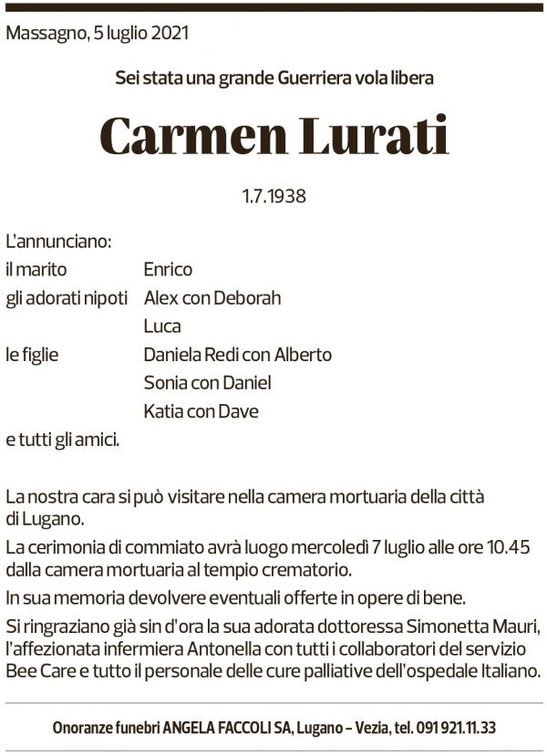 Annuncio funebre Carmen Lurati