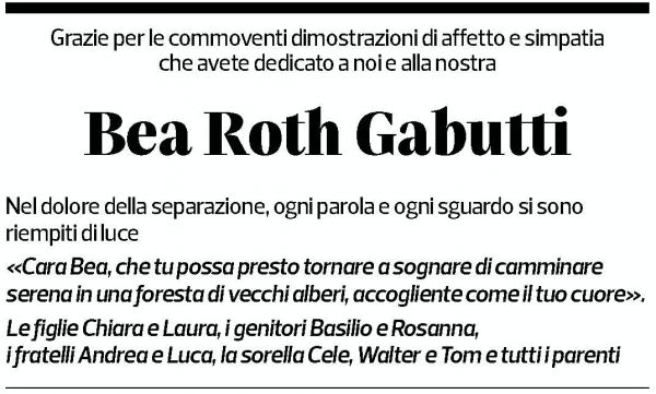 Annuncio funebre Bea Roth Gabutti