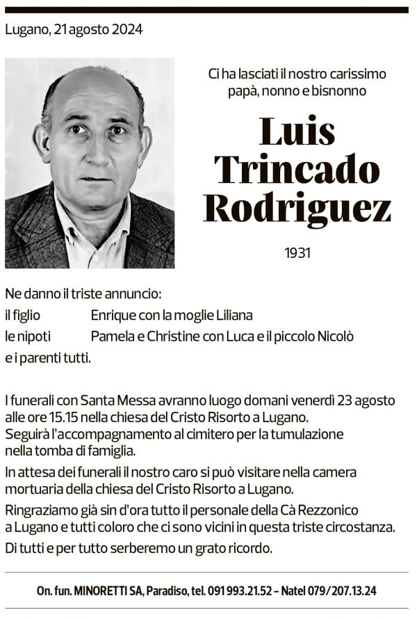 Annuncio funebre Luis Trincado Rodriguez