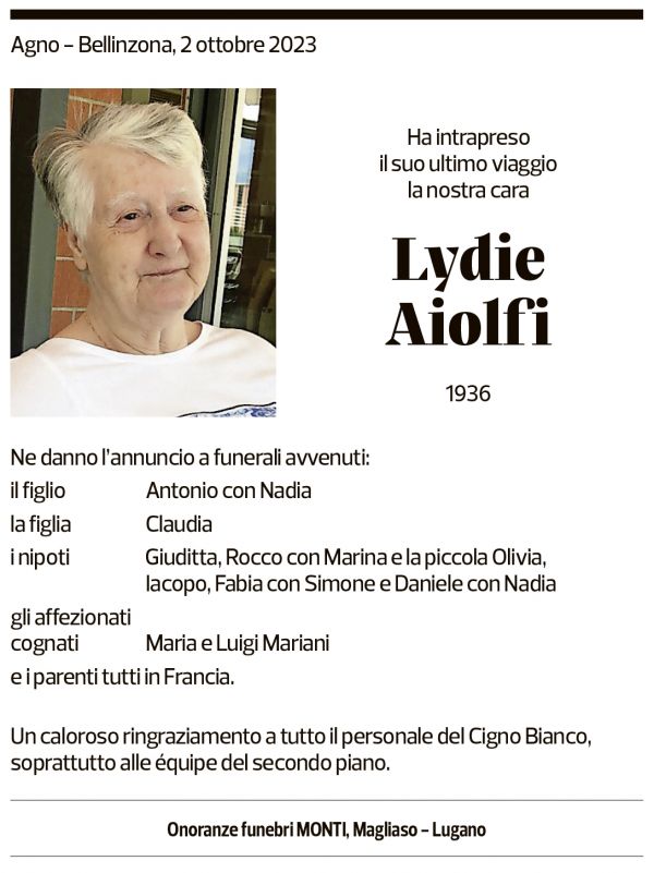 Annuncio funebre Lydie Aiolfi