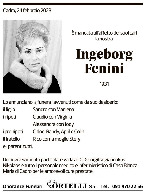 Annuncio funebre Ingeborg Fenini