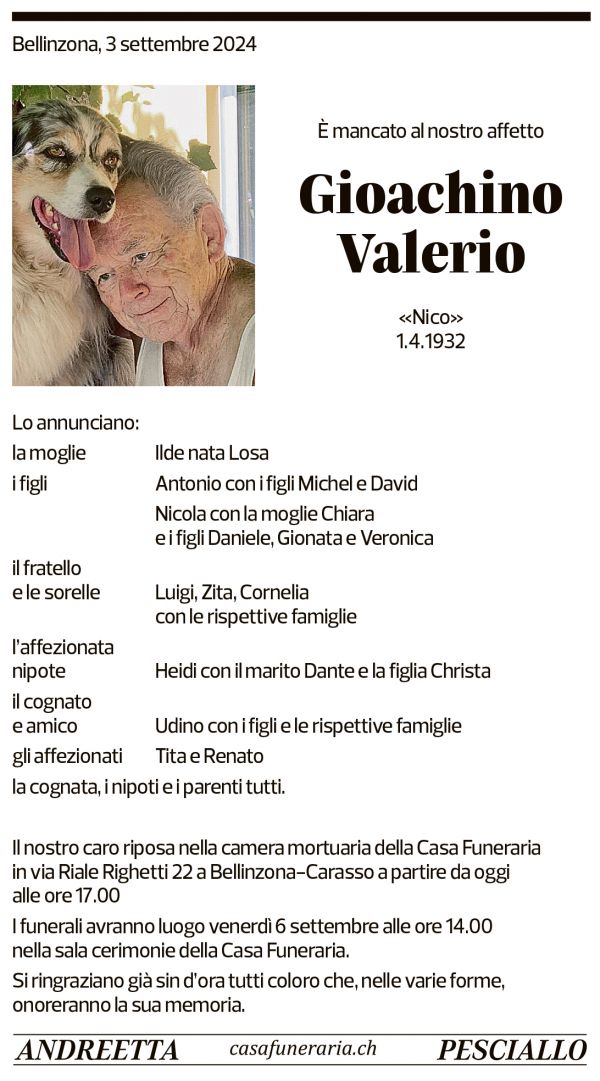 Annuncio funebre Gioachino Valerio