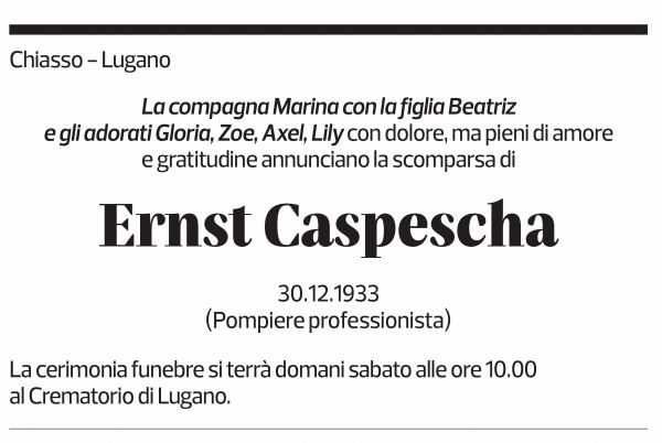 Annuncio funebre Ernst Caspescha