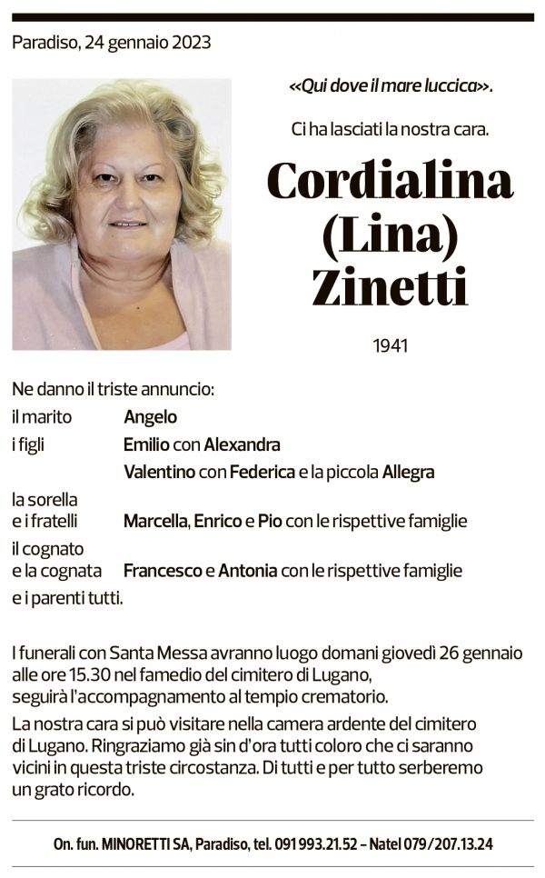 Annuncio funebre Cordialina Lina Zinetti