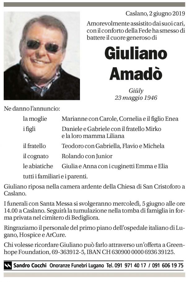 Annuncio funebre Giuliano Amadò