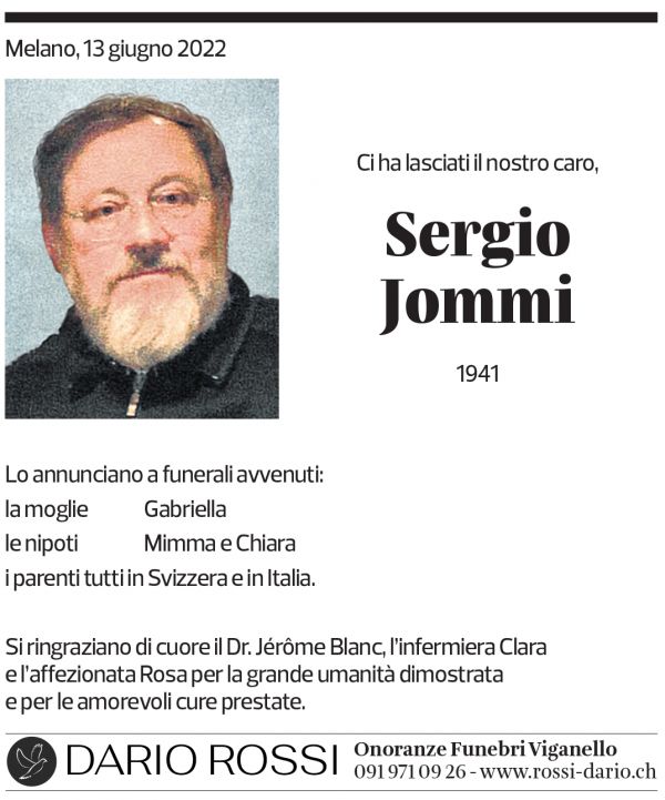 Annuncio funebre Sergio Jommi