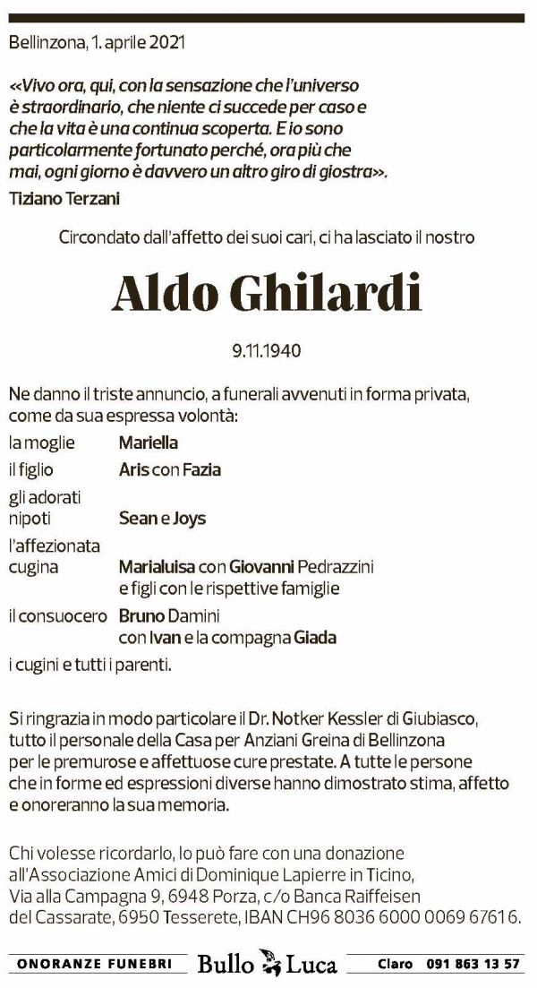 Annuncio funebre Aldo Ghilardi