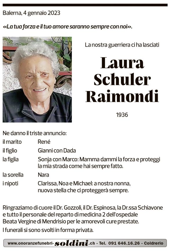 Annuncio funebre Laura Schuler Raimondi