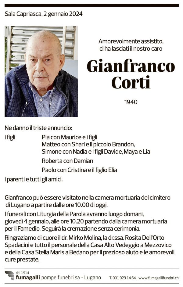 Annuncio funebre Gianfranco Corti