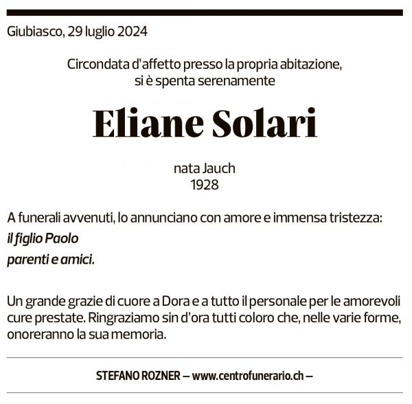 Annuncio funebre Eliane Solari