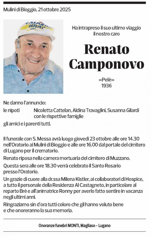 Annuncio funebre Renato Camponovo