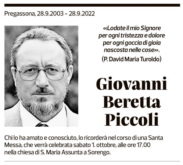 Annuncio funebre Giovanni Beretta Piccoli