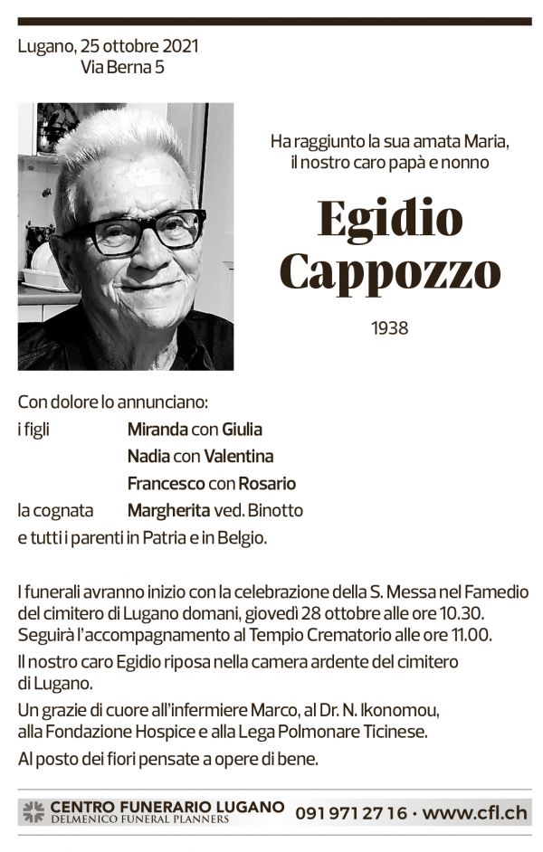 Annuncio funebre Egidio Cappozzo