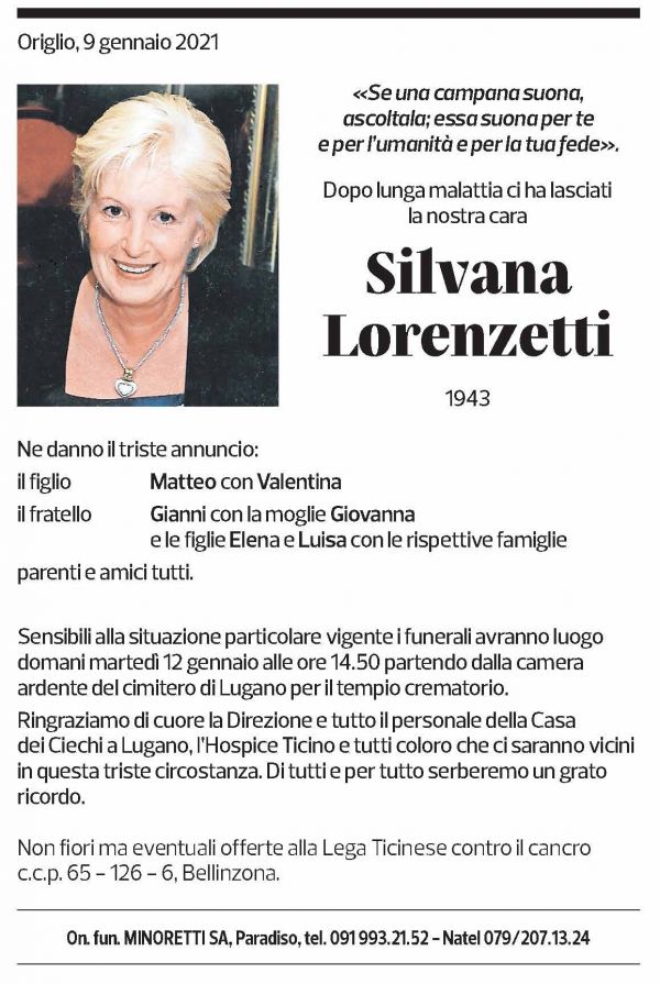 Annuncio funebre Silvana Lorenzetti