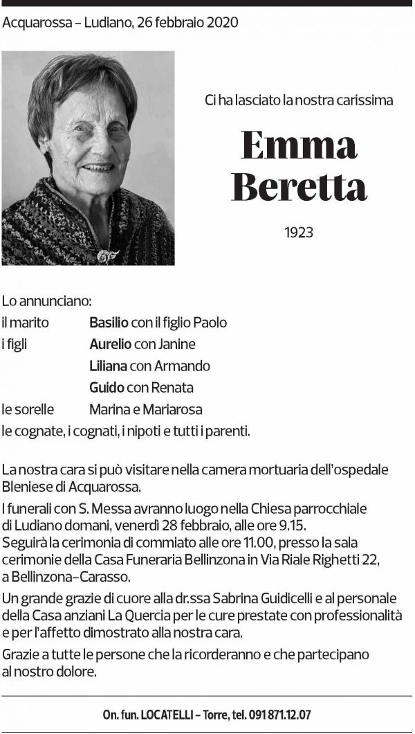 Annuncio funebre Emma Beretta