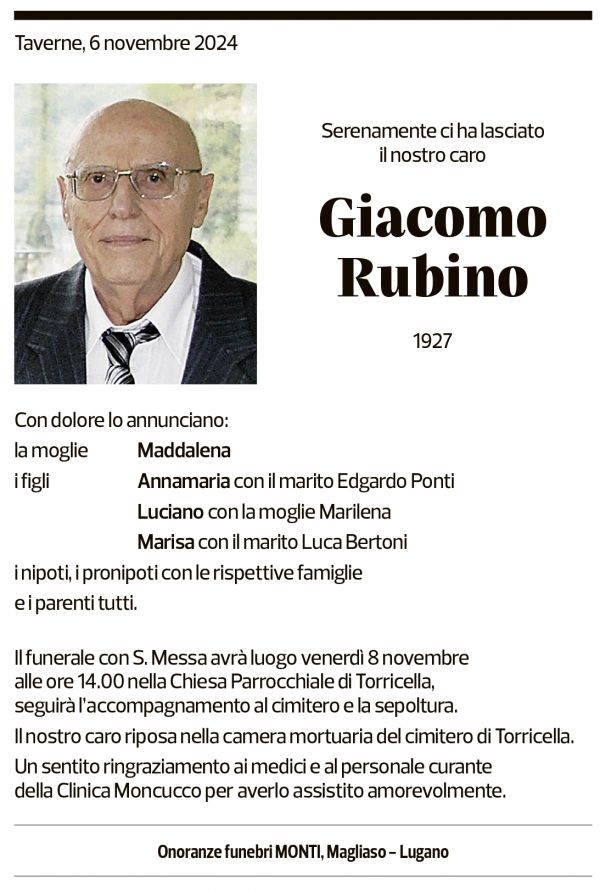 Annuncio funebre Giacomo Rubino