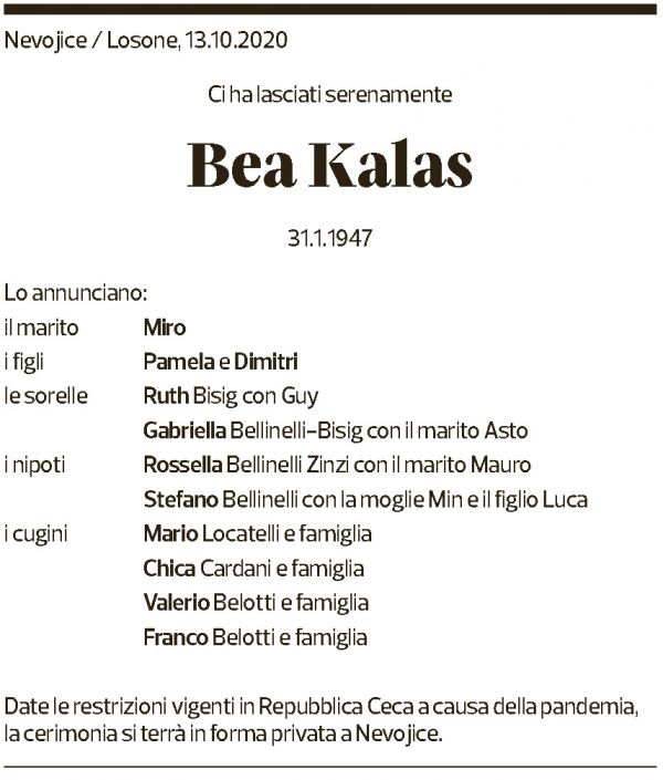 Annuncio funebre Bea Kalas