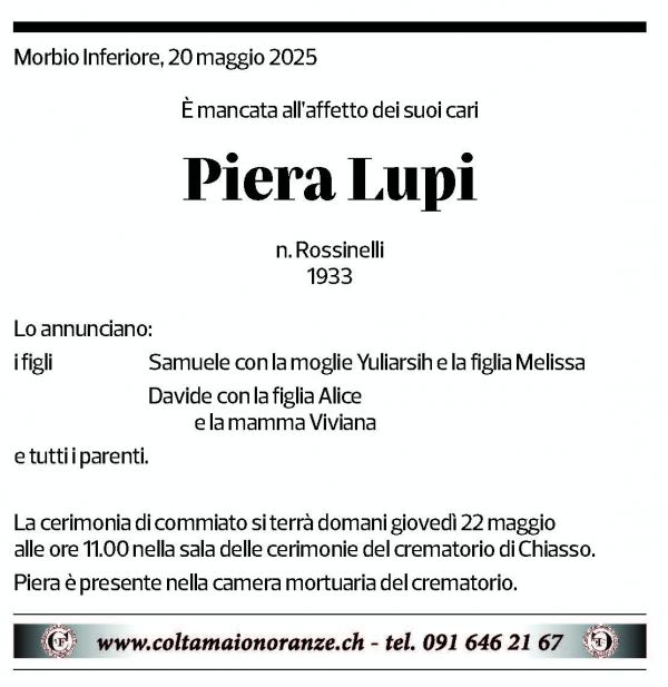 Annuncio funebre Piera Lupi
