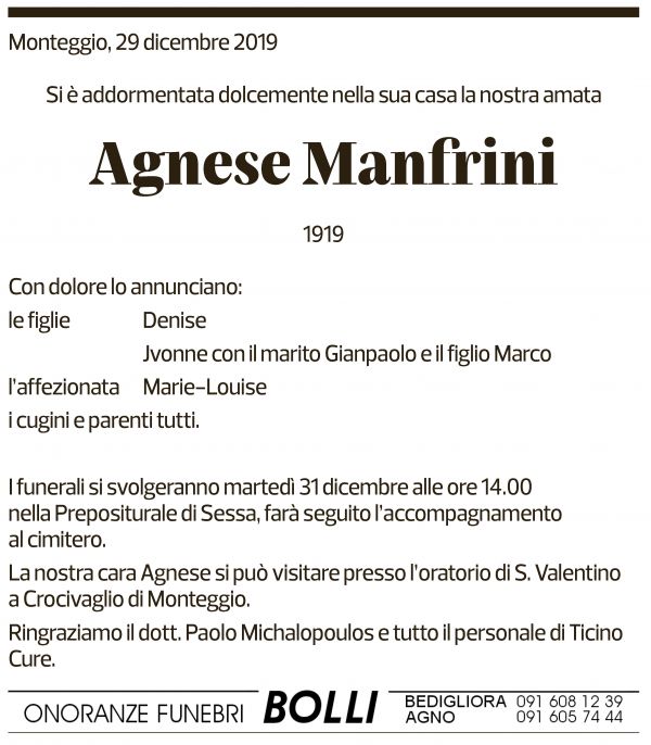 Annuncio funebre Agnese Manfrini