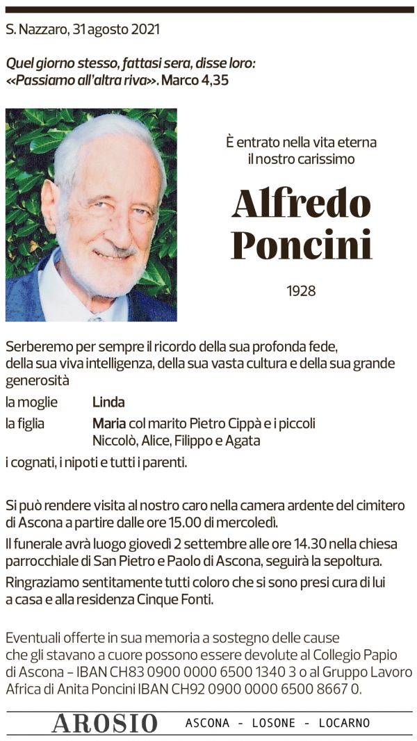 Annuncio funebre Alfredo Poncini