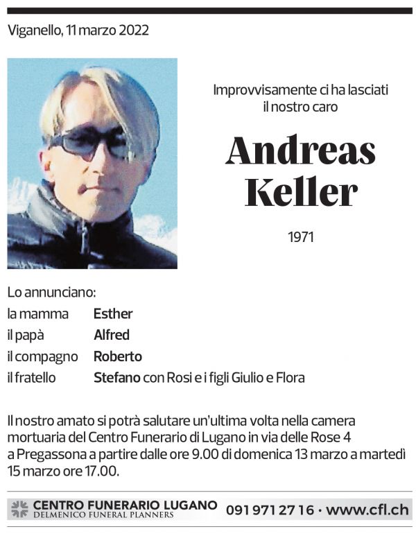 Annuncio funebre Andreas Keller