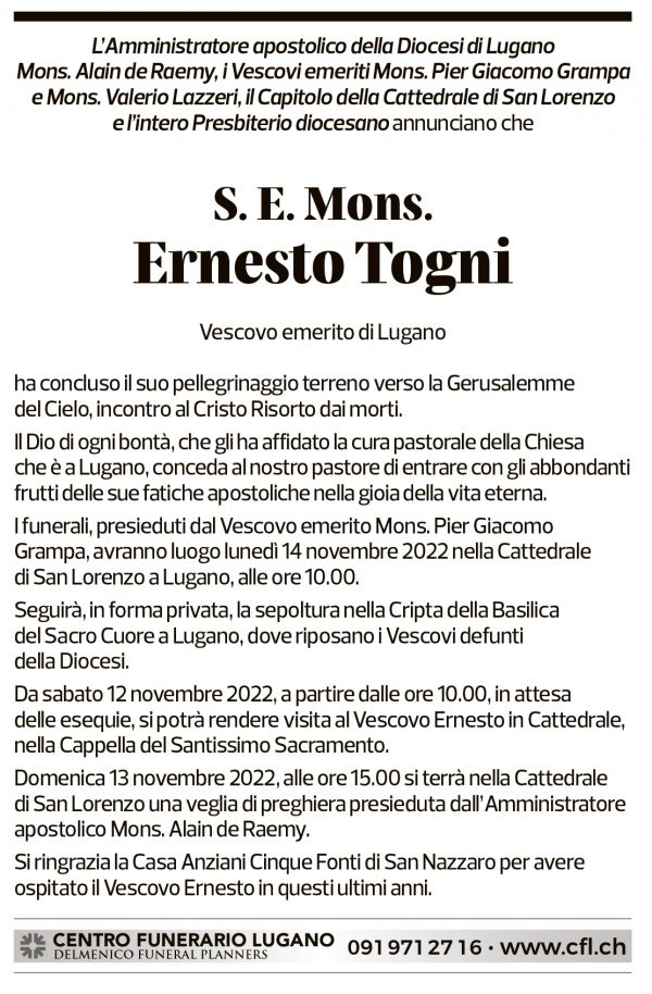 Annuncio funebre Ernesto Togni