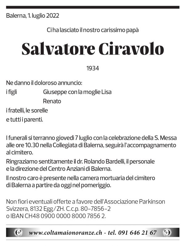 Annuncio funebre Salvatore Ciravolo