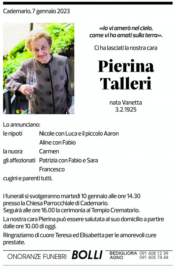 Annuncio funebre Pierina Talleri