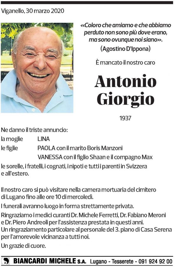 Annuncio funebre Antonio Giorgio