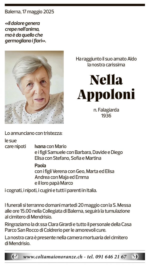 Annuncio funebre Nella Appoloni