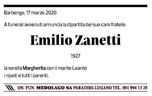 Annuncio funebre Emilio Zanetti