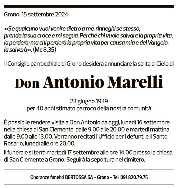 Annuncio funebre Don Antonio Marelli