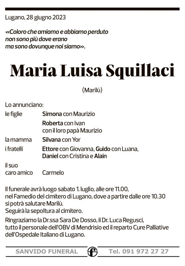 Annuncio funebre Maria Luisa Squillaci