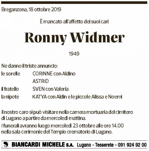 Annuncio funebre Ronny Widmer