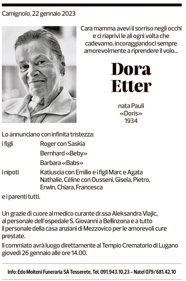 Annuncio funebre Dora Etter