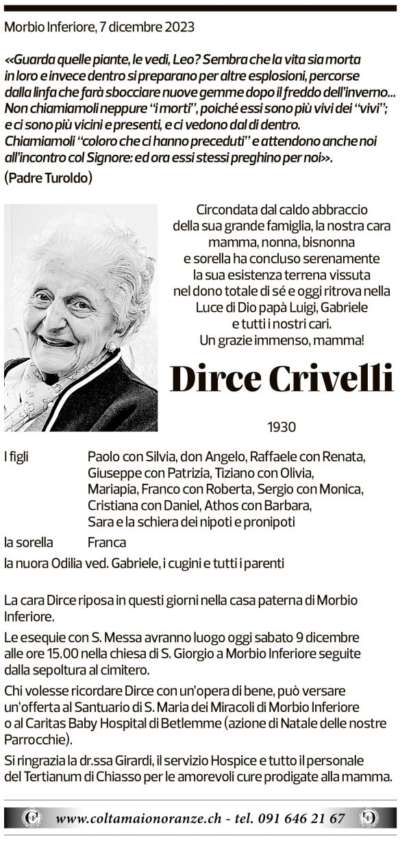 Annuncio funebre Dirce Crivelli