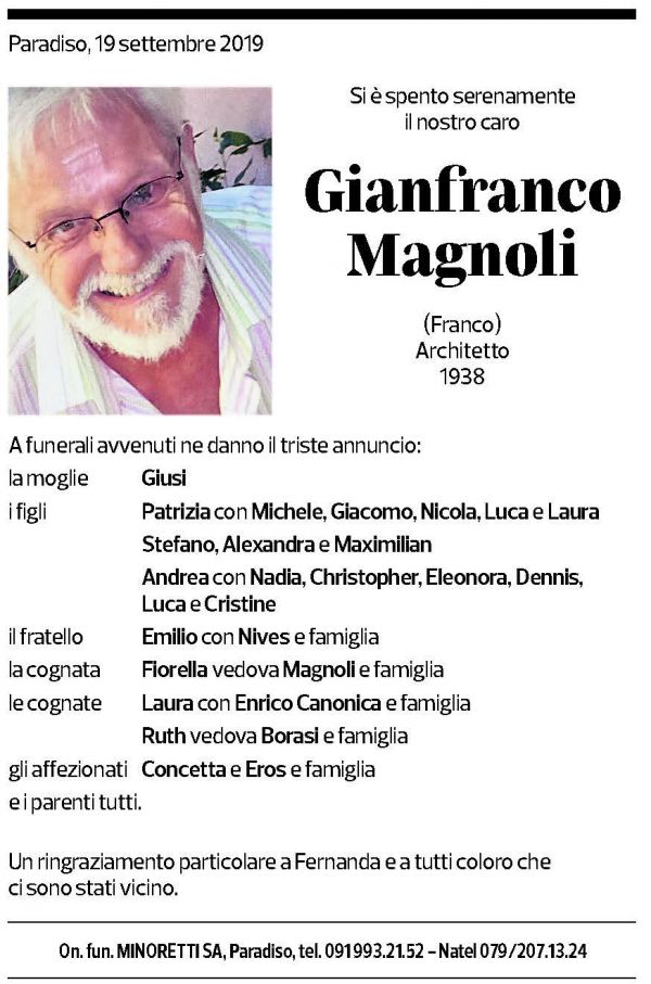 Annuncio funebre Gianfranco Magnoli