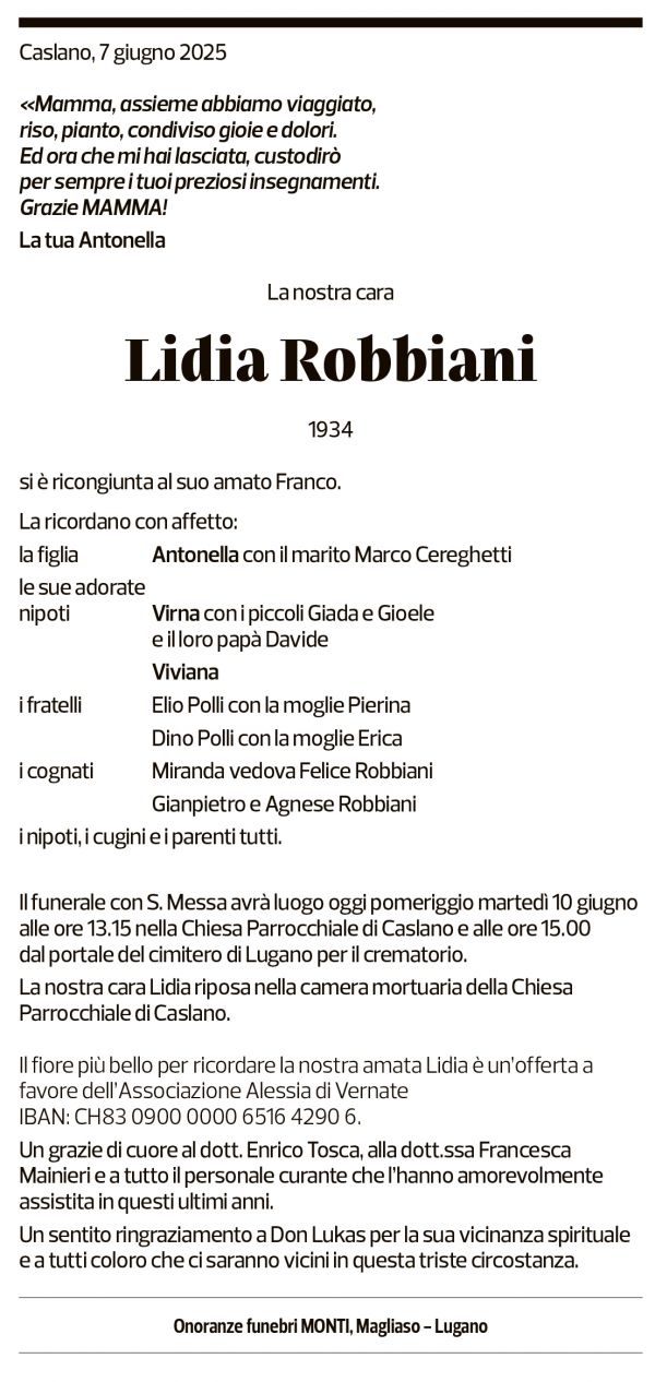 Annuncio funebre Lidia Robbiani