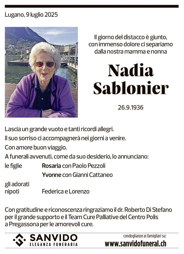 Annuncio funebre Nadia Sablonier