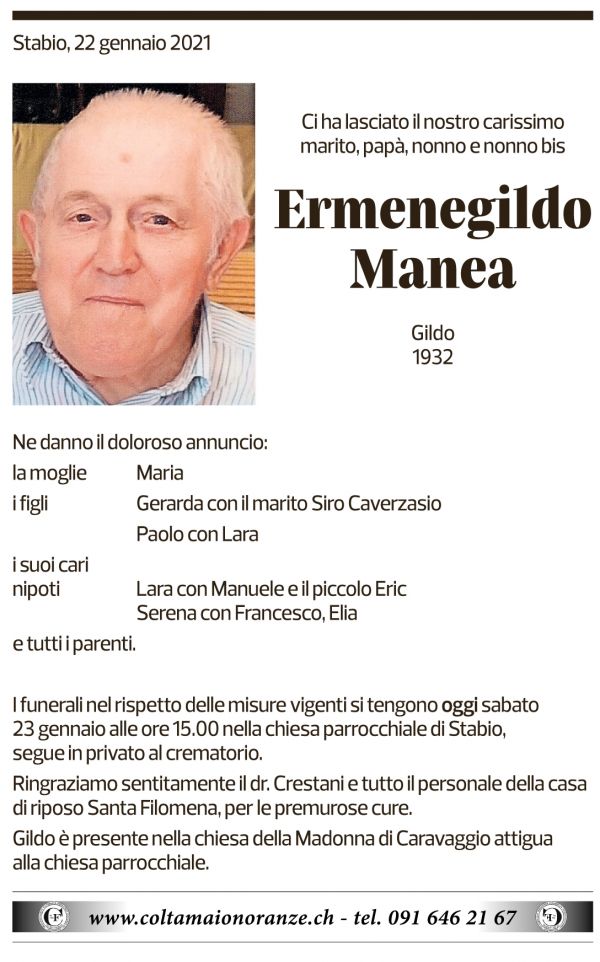 Annuncio funebre Ermenegildo Manea